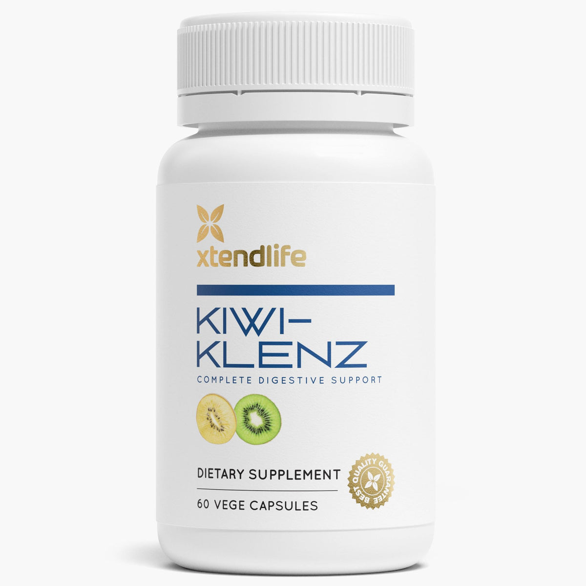 Xtendlife Kiwi-Klenz bottle front shows a gut-friendly daily supplement.
