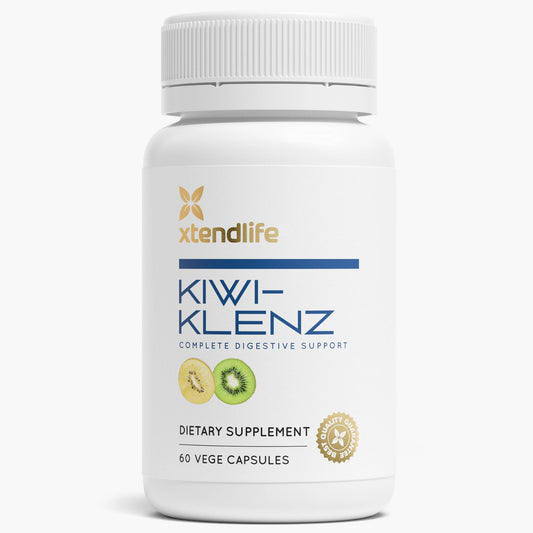 Xtendlife Kiwi-Klenz bottle front shows a gut-friendly daily supplement.