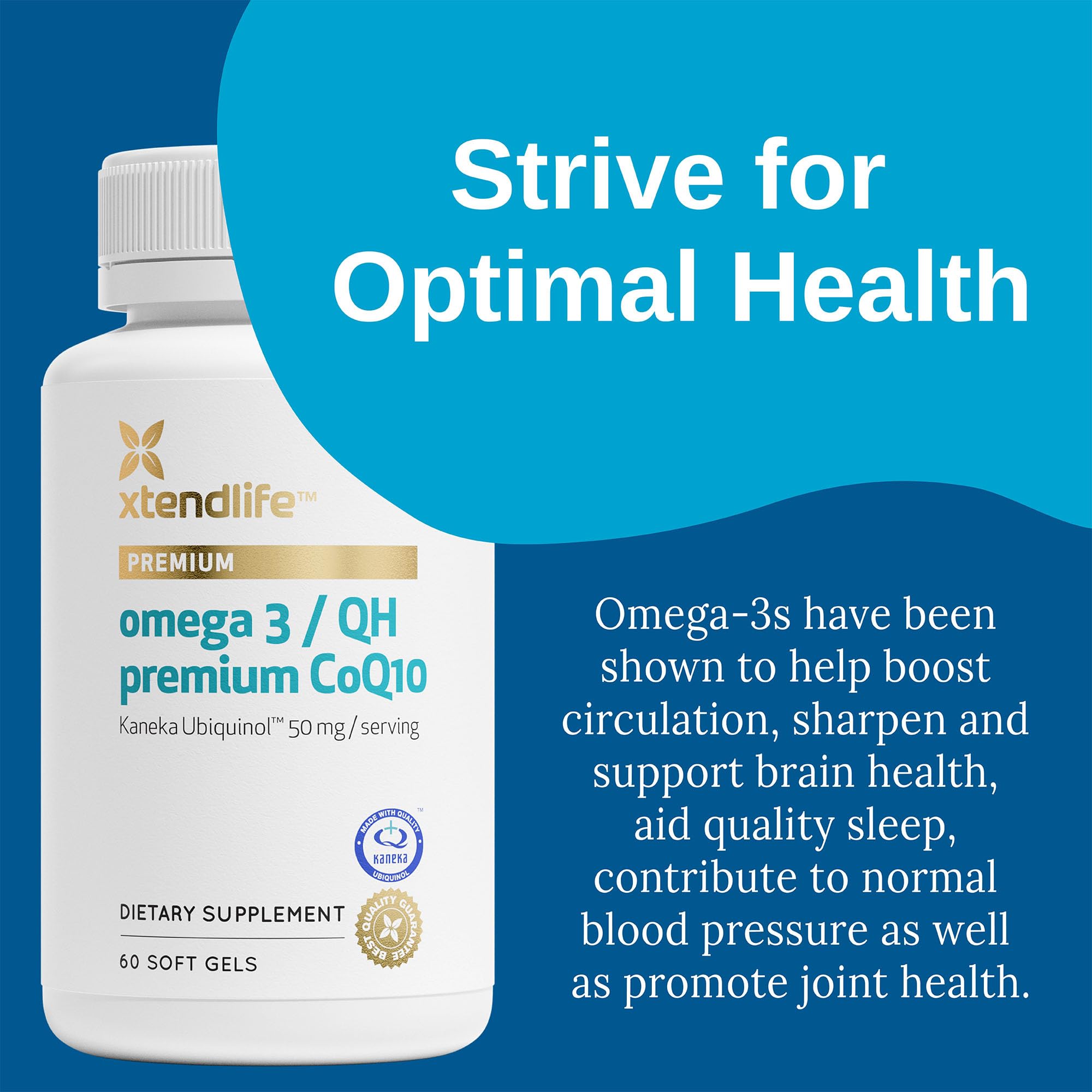 Close-up of Xtendlife Omega 3 QH softgels highlighting DHA and CoQ10.