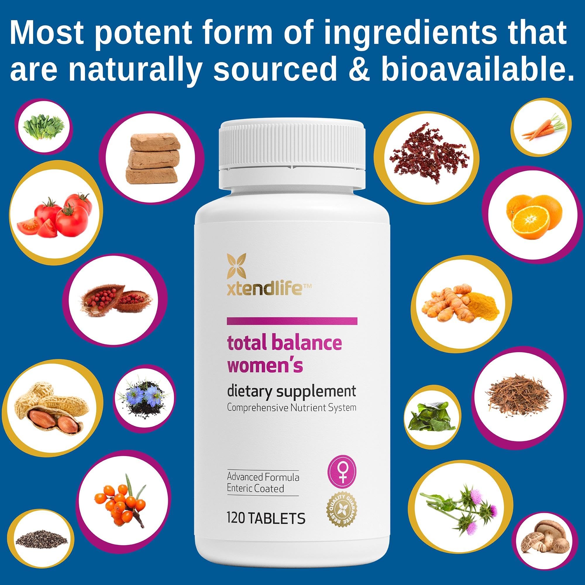Xtendlife Total Balance ingredients label highlights 77 bioactive nutrients and botanicals.