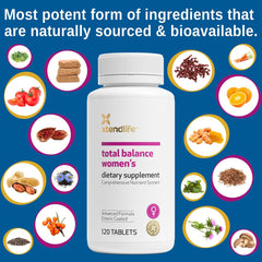 Xtendlife Total Balance ingredients label highlights 77 bioactive nutrients and botanicals.