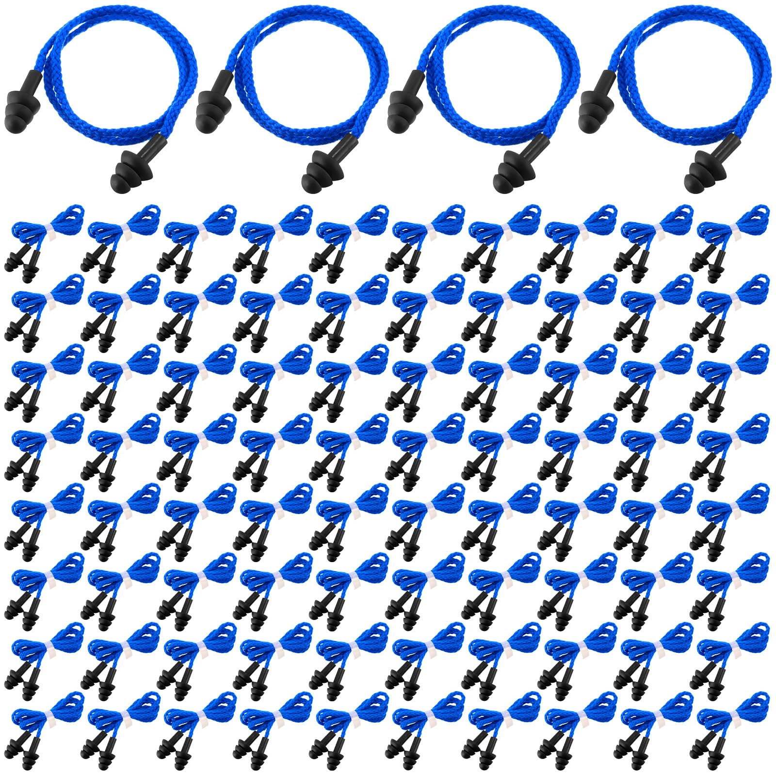 Xuhal 200-pair corded ear plugs with blue cords reducing ambient noise.