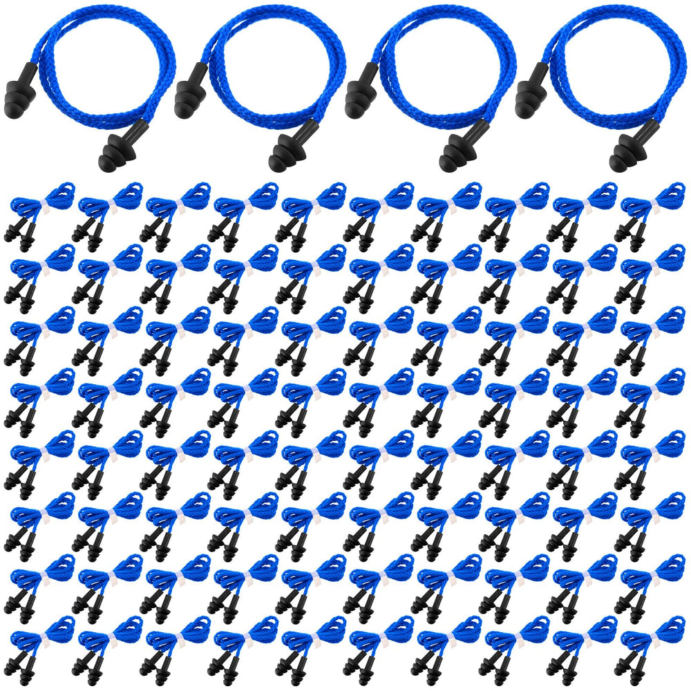 Xuhal 200-pair corded ear plugs with blue cords reducing ambient noise.