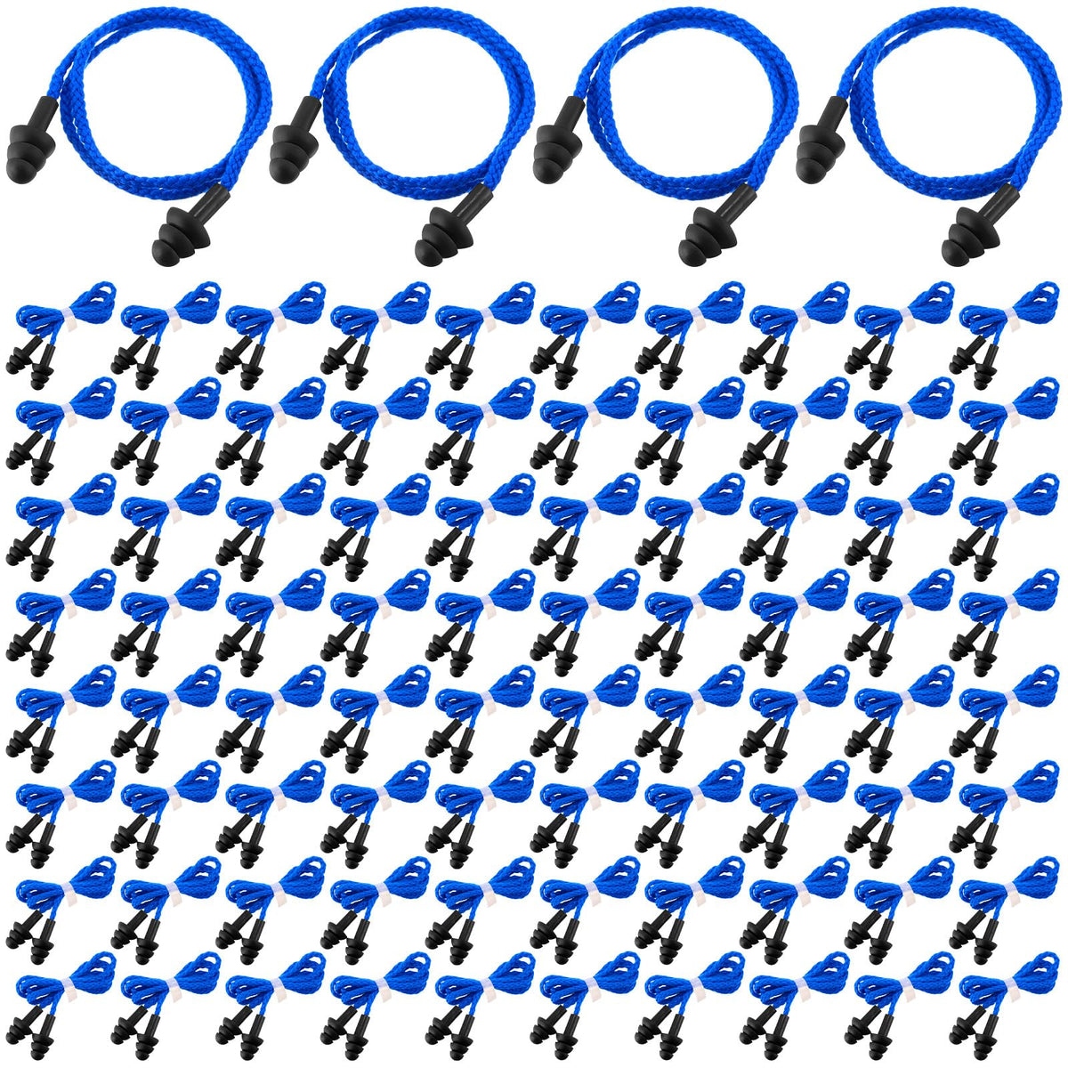 Xuhal 200-pair corded ear plugs with blue cords reducing ambient noise.