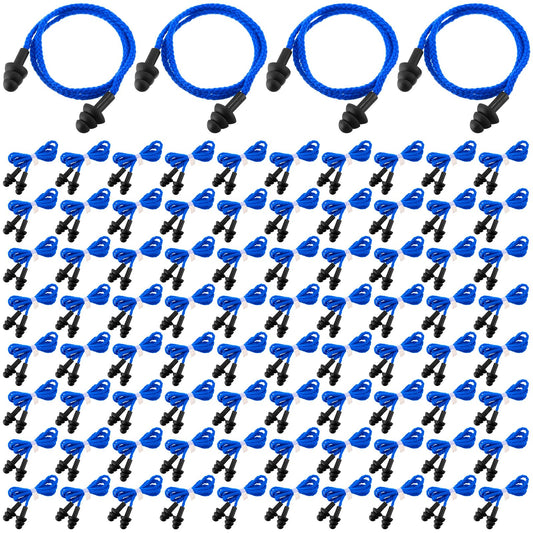 Xuhal 200-pair corded ear plugs with blue cords reducing ambient noise.