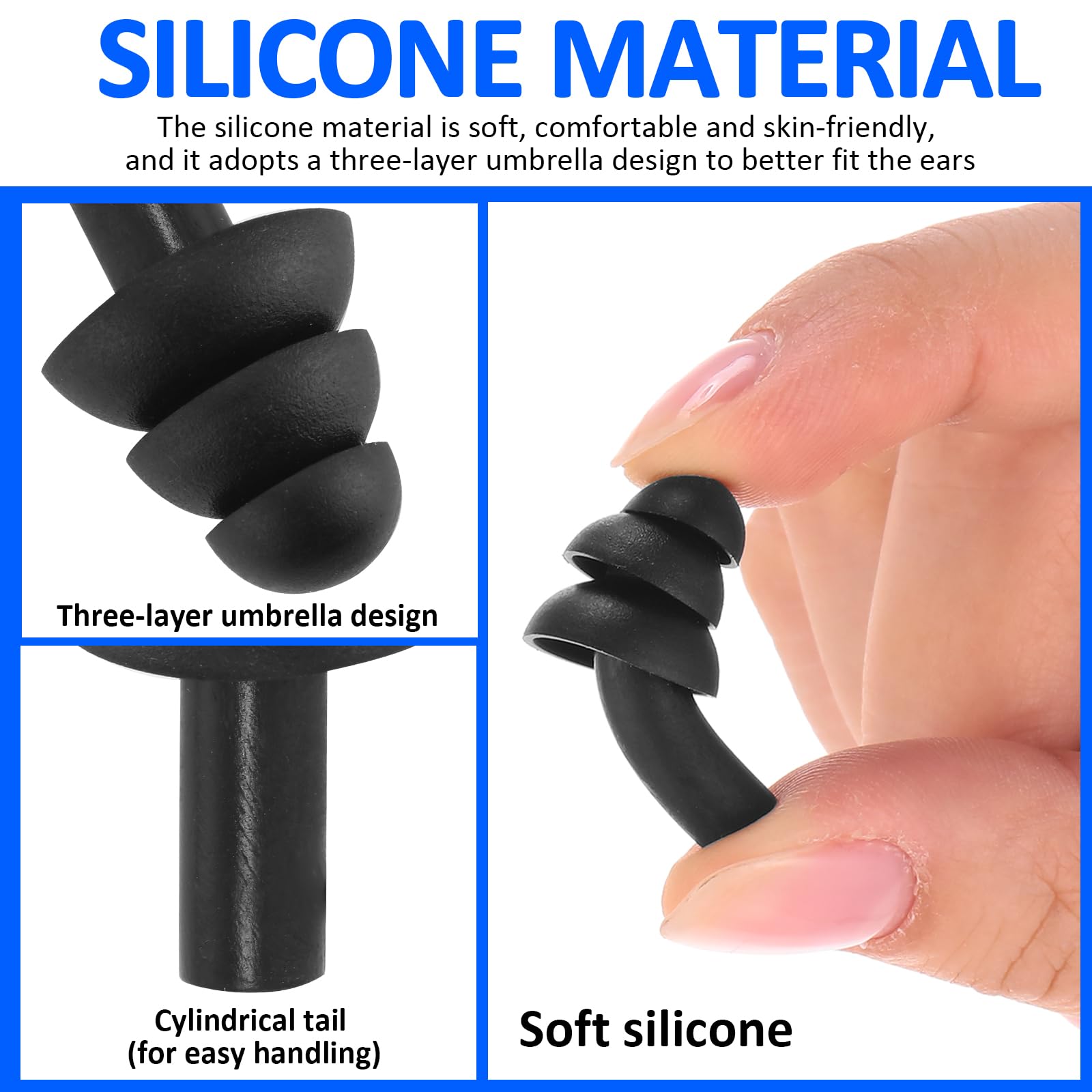 Xuhal silicone ear plugs offering comfort-fit for long wear.