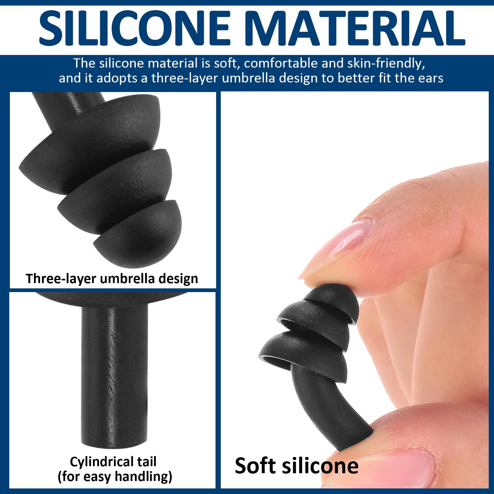 Xuhal three-layer umbrella design earplugs emphasize improved fit and sound insulation.