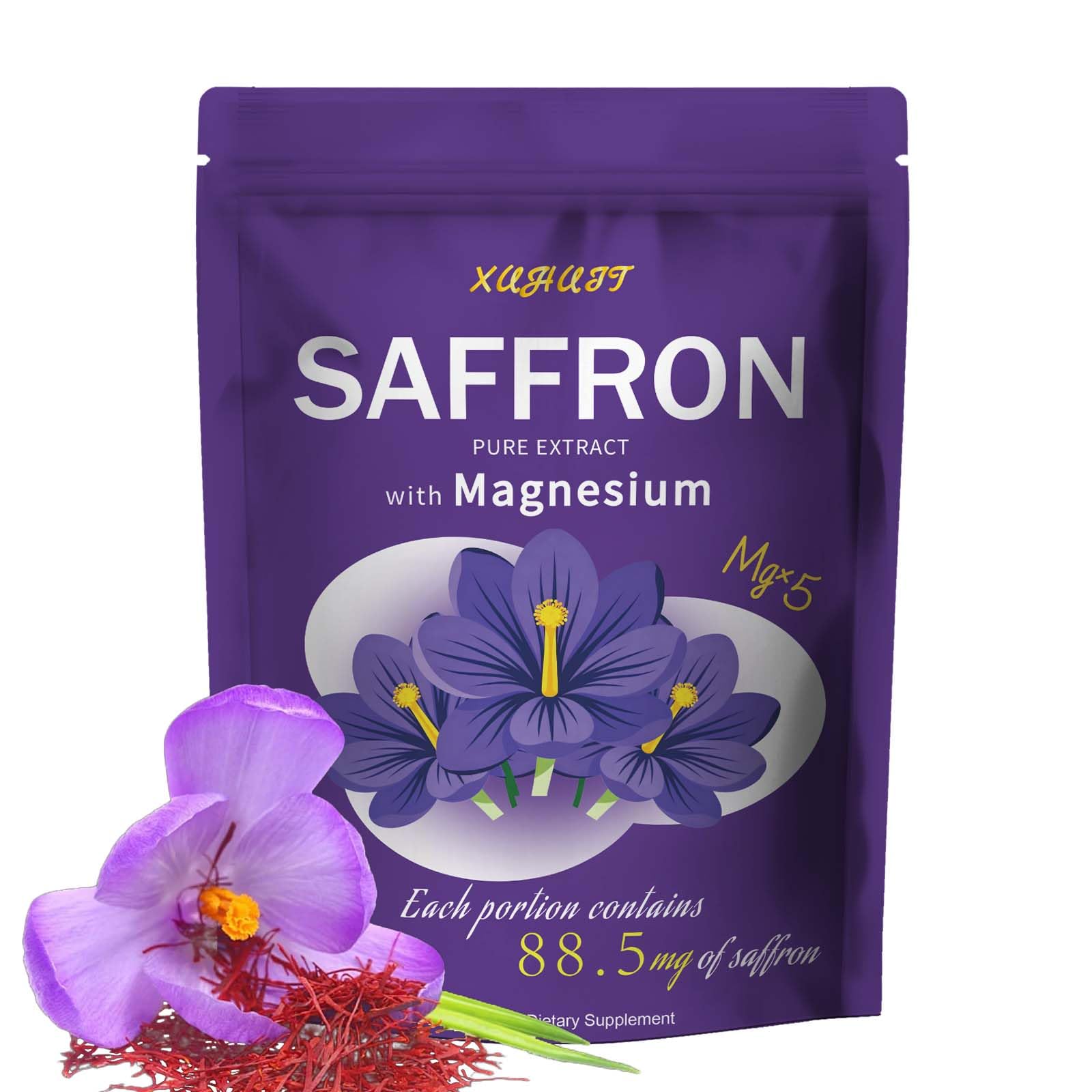 XUHUIT saffron supplement bottle front view showing 88.5mg softgels for daily wellness