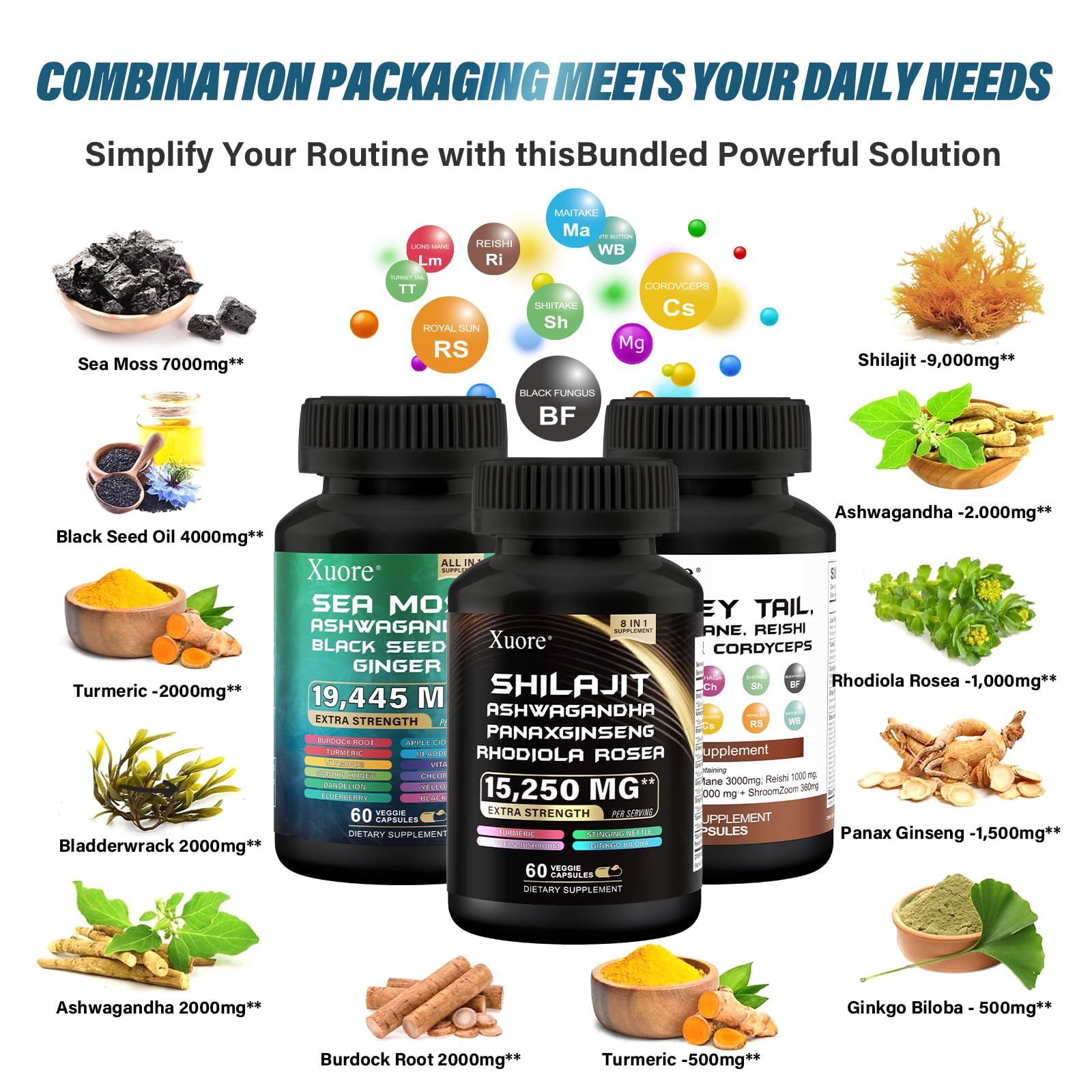 Xuore mushroom herb blend bottle highlights Lions Mane and other mushrooms for focus support.