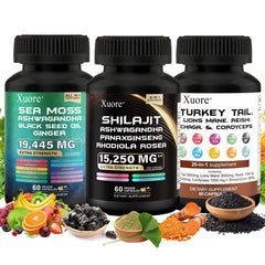 Xuore Shilajit Sea Moss bottle demonstrates a holistic daily wellness blend.