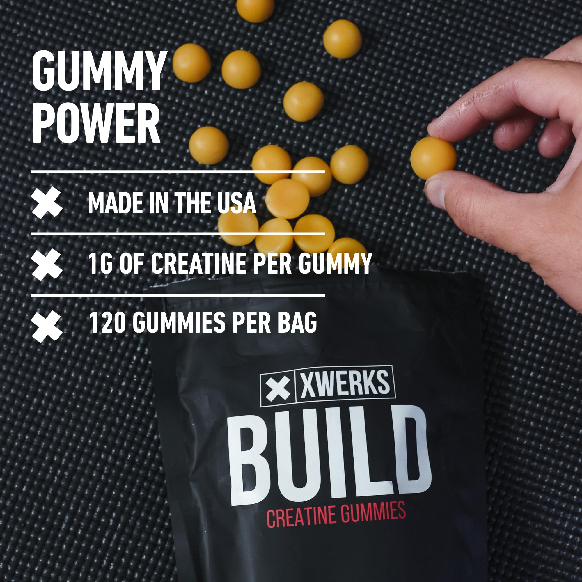 XWERKS Build Creatine Gummies lemon flavor close-up and texture details.