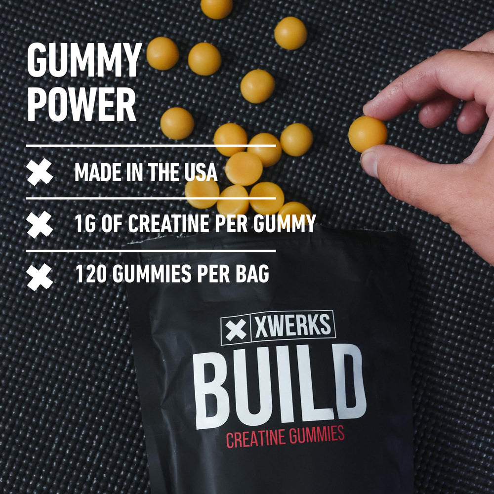 XWERKS Build Creatine Gummies lemon flavor close-up and texture details.