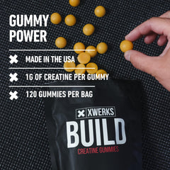 XWERKS Build Creatine Gummies lemon flavor close-up and texture details.