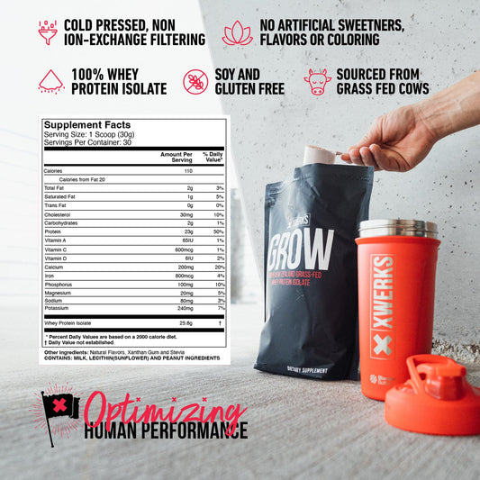 XWERKS Grow bottle shows 25g isolate for lean muscle support after training.