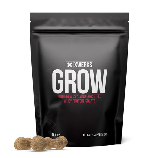 XWERKS Grow whey protein powder packaging highlighting grass-fed NZ whey for post-workout recovery.