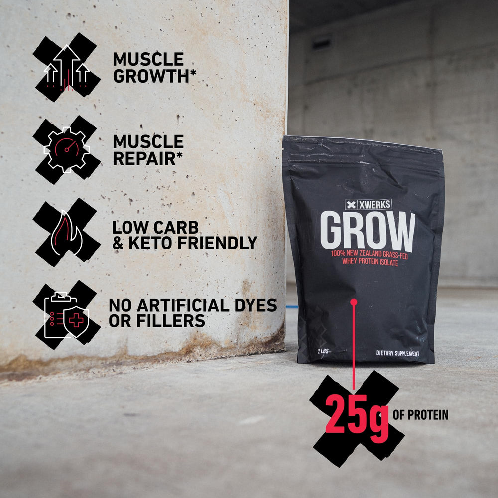 XWERKS Grow vanilla powder poured into a glass with milk for fast absorption.