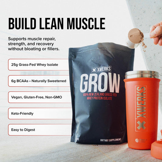 XWERKS Grow whey protein powder scoop highlights easy portion control after workouts.