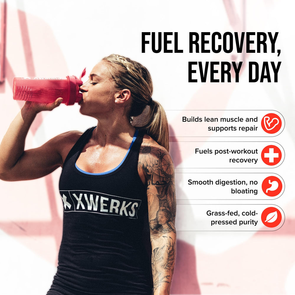 XWERKS Grow whey protein powder shake demonstrates smooth mixing for post-workout recovery.
