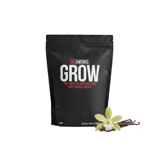 XWERKS Grow vanilla protein powder bag shows NZ grass-fed whey for lean muscle support.