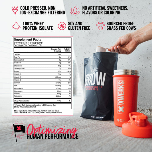 XWERKS Grow vanilla scoop beside the bag for a quick post-workout shake.