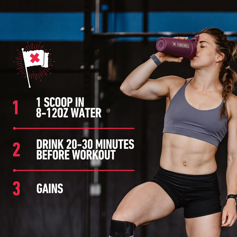 Xwerks Ignite easy mix with water shown in a glass for quick prep