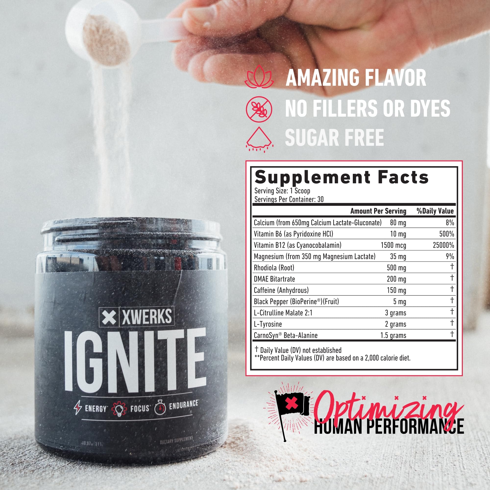 Xwerks Ignite powder being scooped to mix a smooth energy timed workout boost