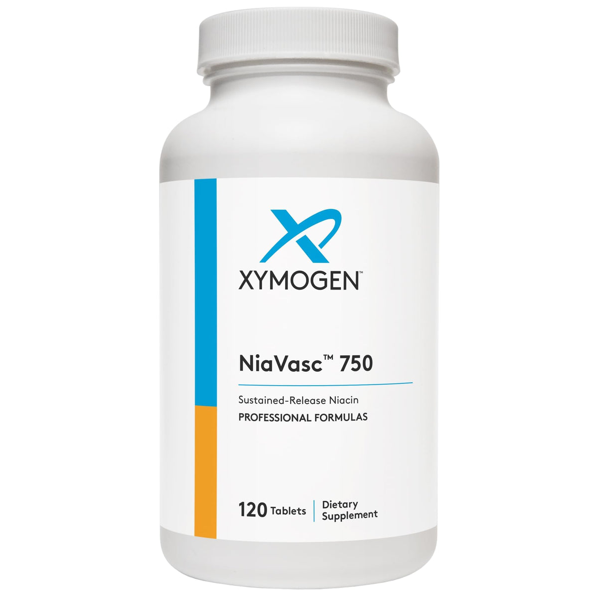 XYMOGEN NiaVasc 750 bottle front view highlighting sustained-release formula.
