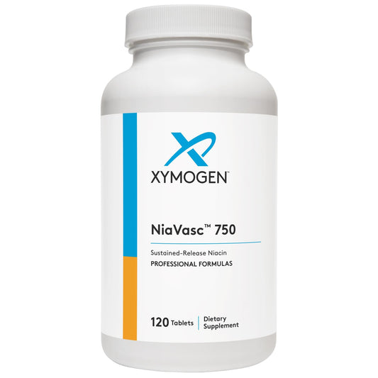 XYMOGEN NiaVasc 750 bottle front view highlighting sustained-release formula.