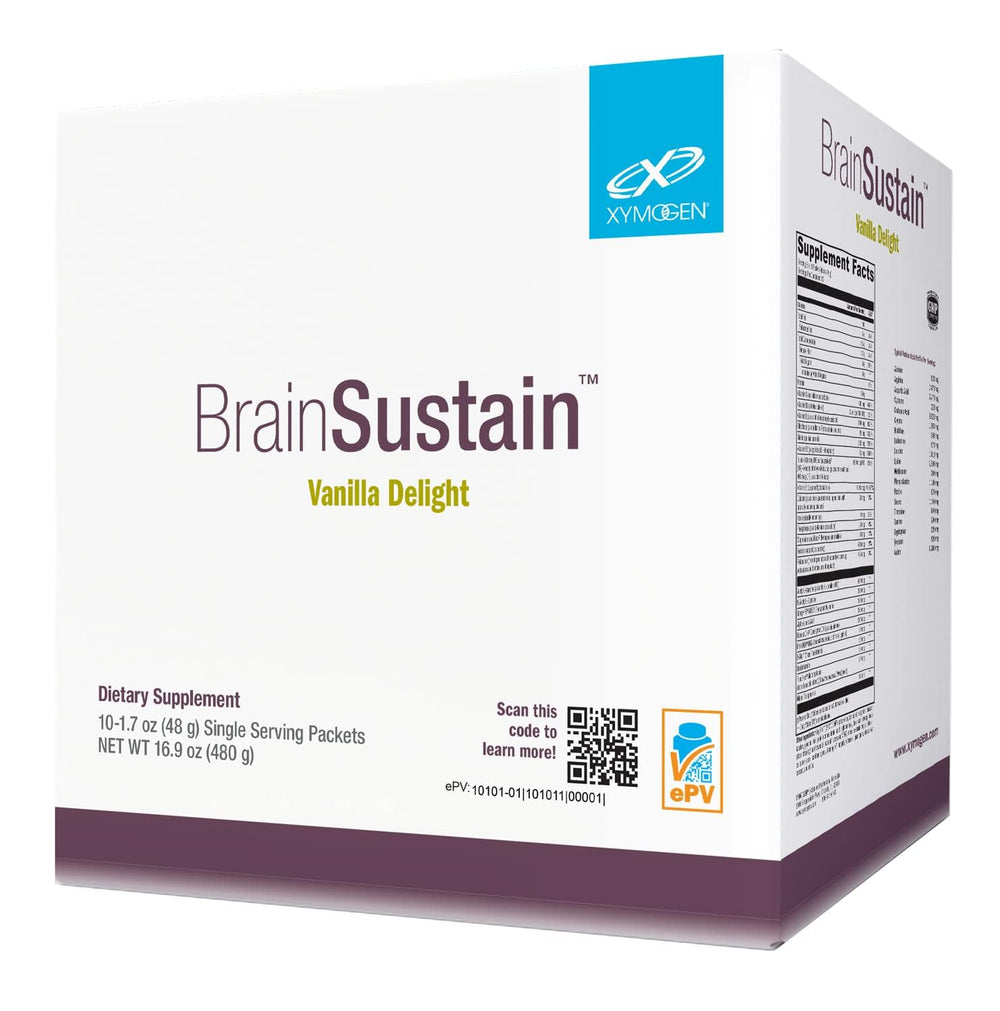 XYMOGEN BrainSustain vanilla-delight powder ready to mix for a brain-boosting shake