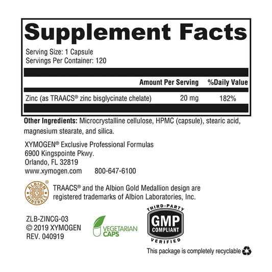 XYMOGEN chelated zinc glycinate capsules for convenient daily supplementation.
