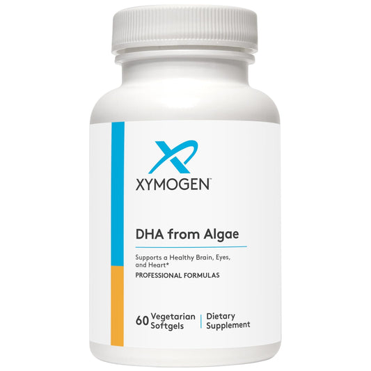 XYMOGEN DHA from algae bottle label highlights non-fish omega-3 benefits for daily wellness.