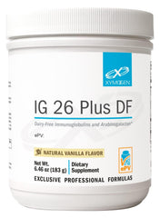 XYMOGEN IG 26 Plus DF bottle showing dairy-free immunoglobulins for gut support.