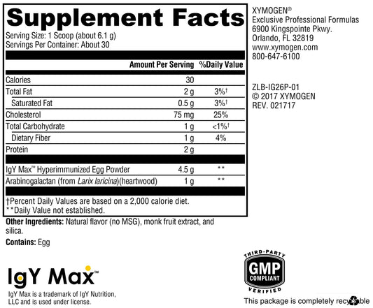 XYMOGEN IG 26 Plus DF powder jar highlighting IgY Max immune support.