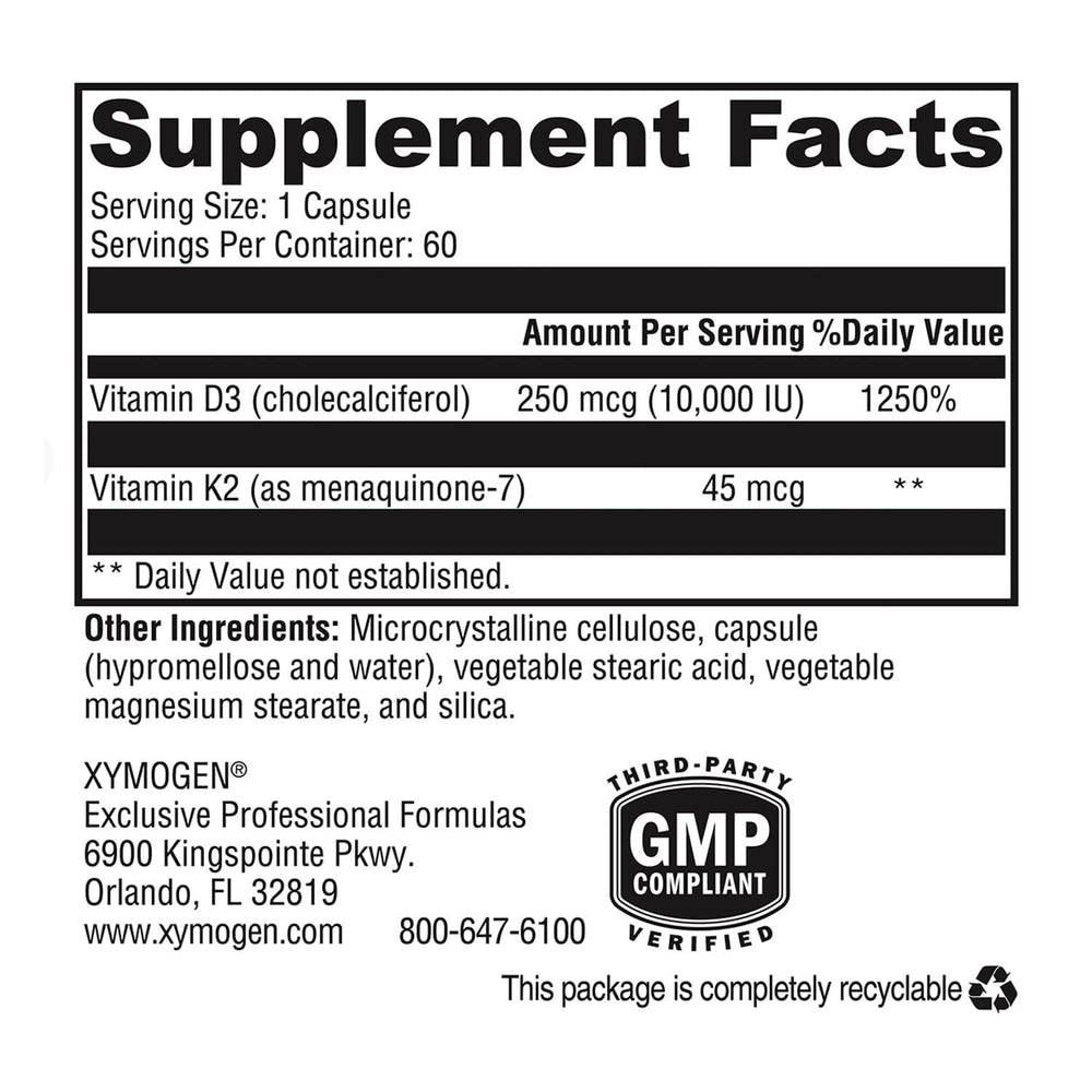 XYMOGEN K2-D3 10000 bottle back view with ingredients and directions