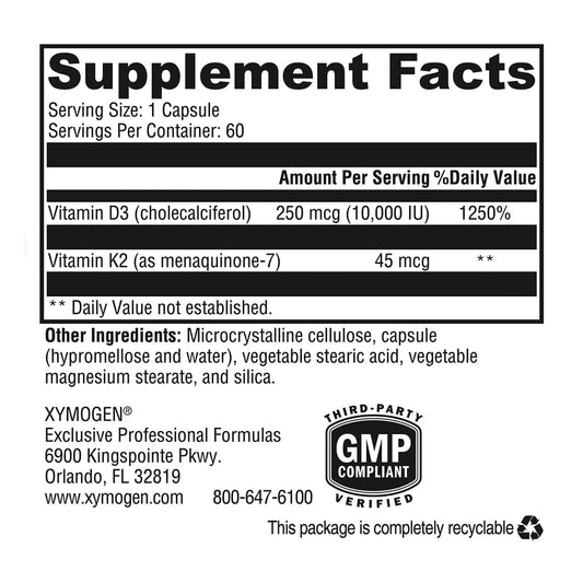XYMOGEN K2-D3 10000 bottle back view with ingredients and directions