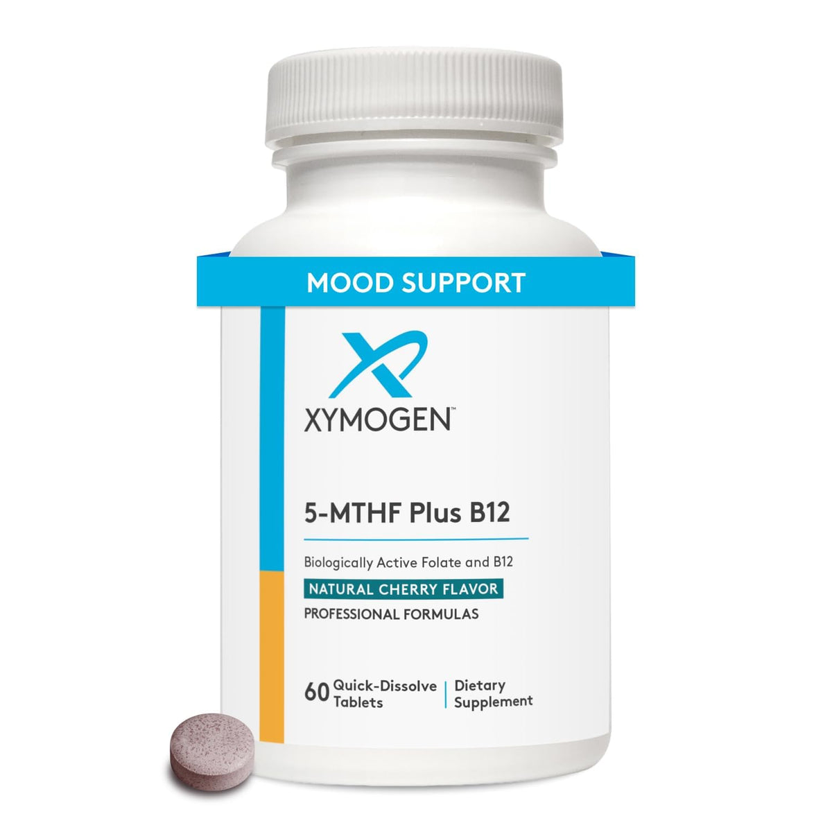XYMOGEN 5-MTHF Plus B12 cherry tablets in bottle for daily methylation support.