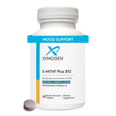 XYMOGEN 5-MTHF Plus B12 cherry tablets in bottle for daily methylation support.