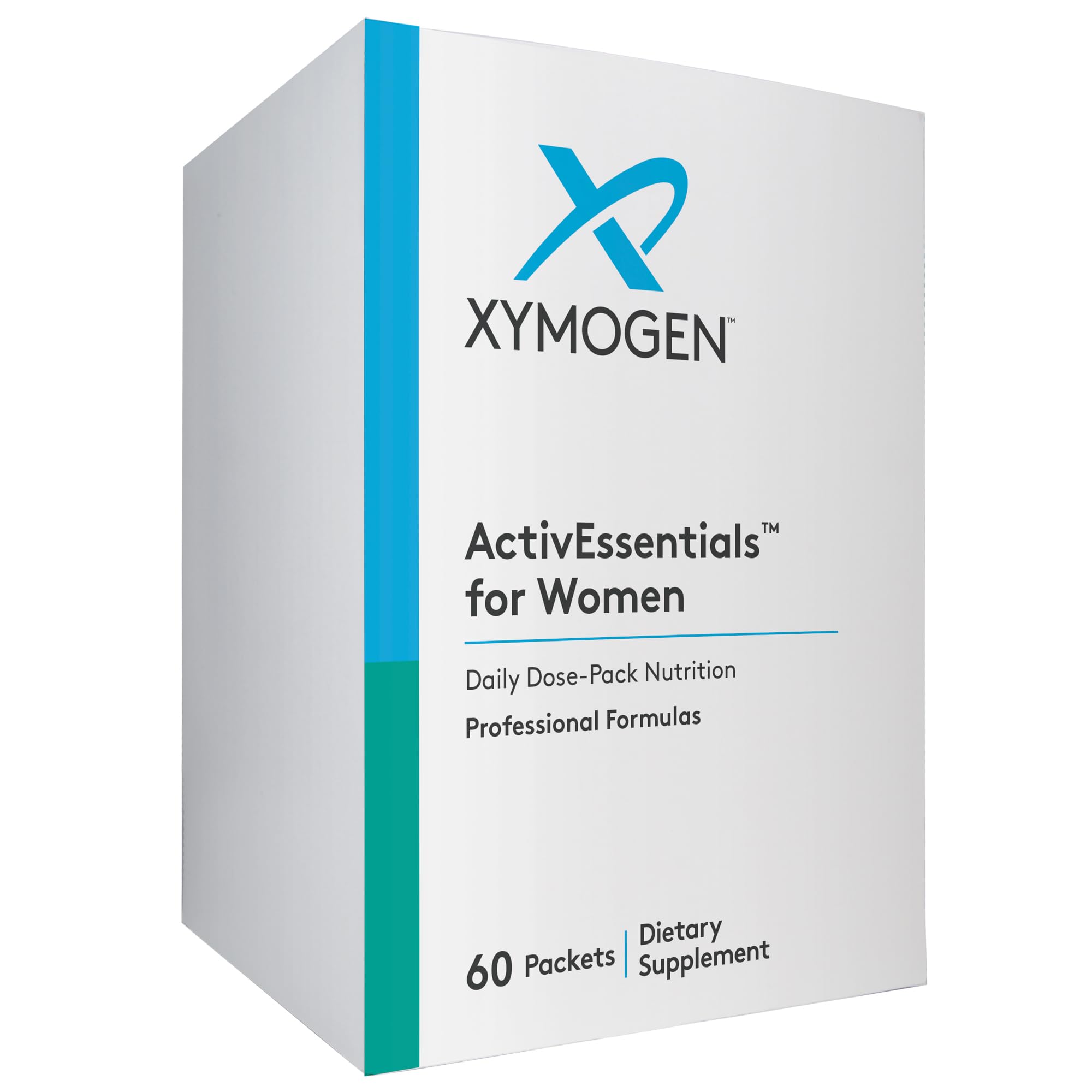XYMOGEN ActivEssentials Women daily dose pack on the counter, supporting busy mornings.