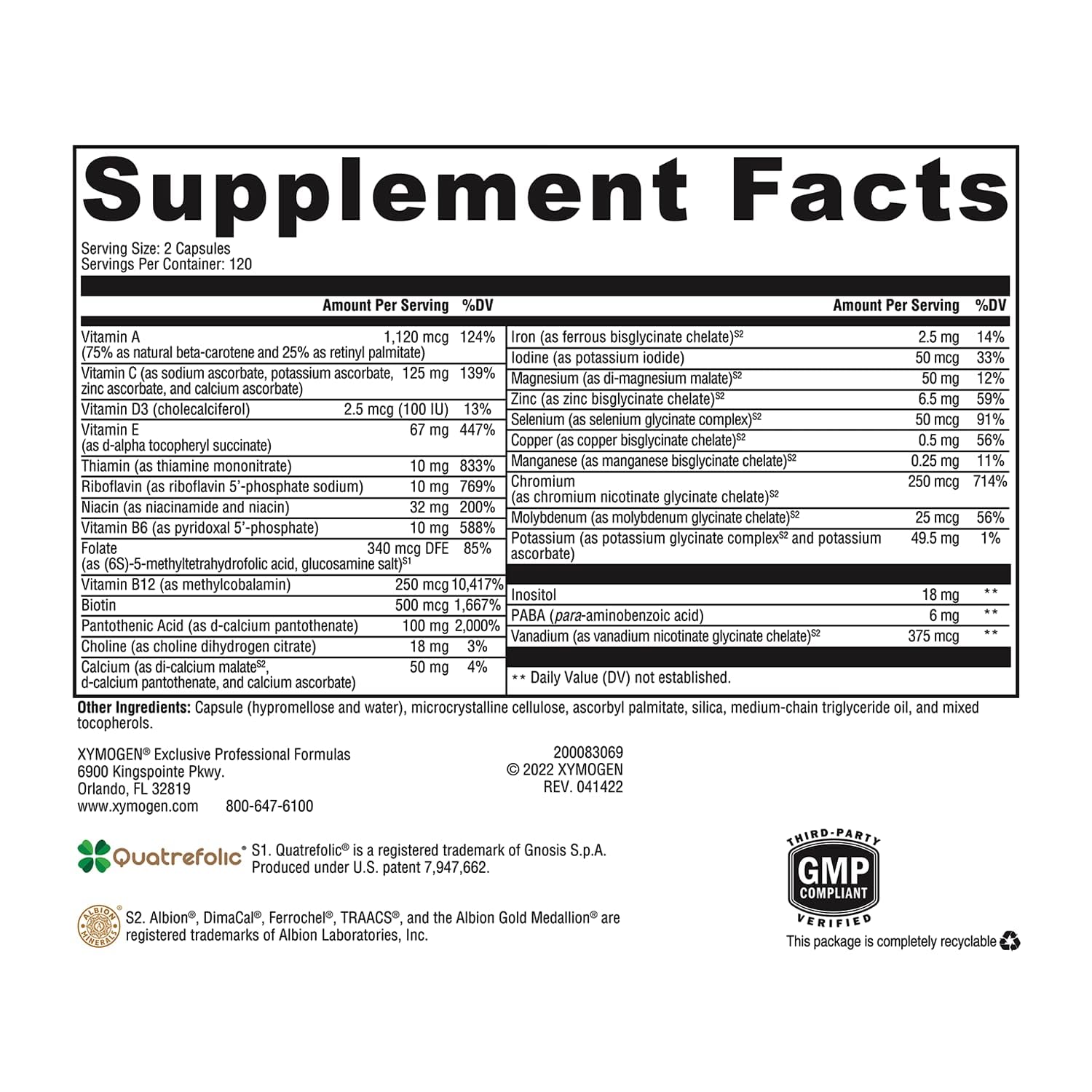 XYMOGEN ActivNutrients bottle back shows gluten-free, non-GMO quality.