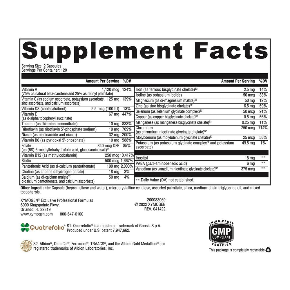 XYMOGEN ActivNutrients bottle back shows gluten-free, non-GMO quality.