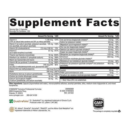 XYMOGEN ActivNutrients bottle back shows gluten-free, non-GMO quality.