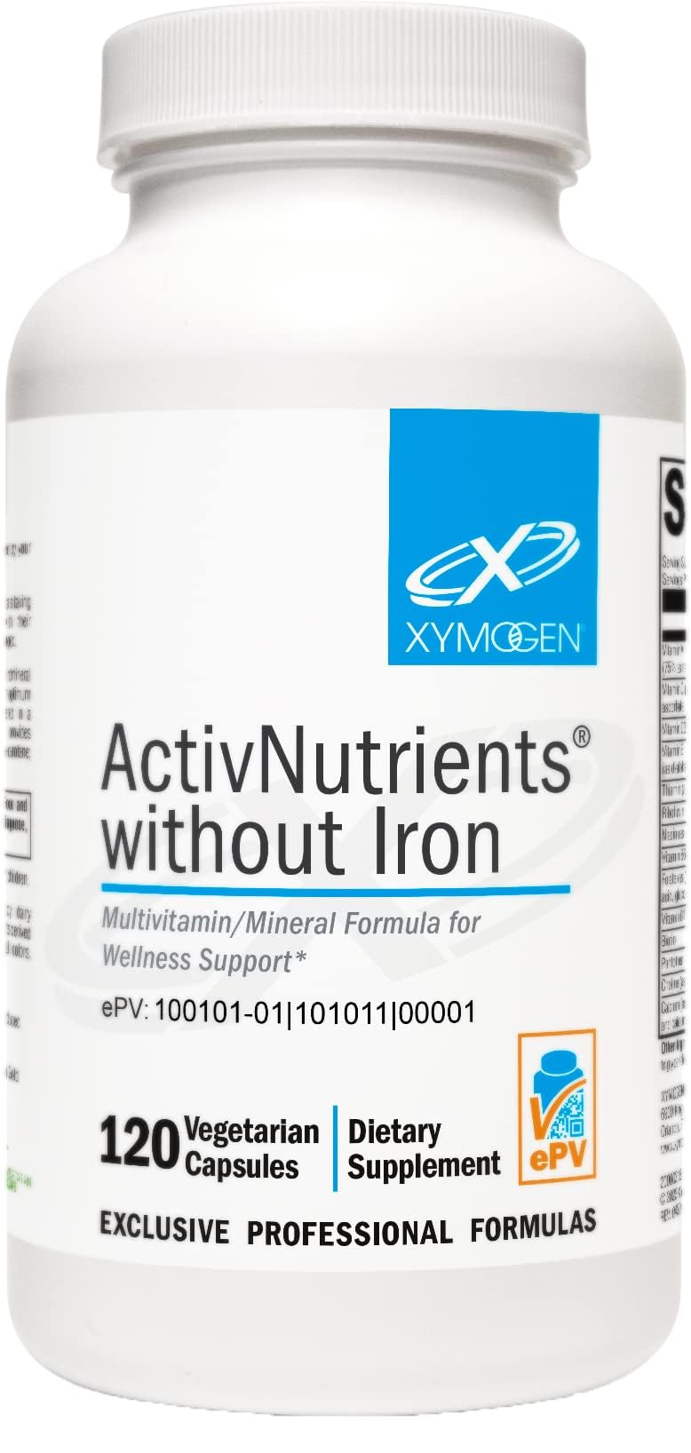 XYMOGEN ActivNutrients Without Iron bottle front view highlights gluten-free and dairy-free wellness support.