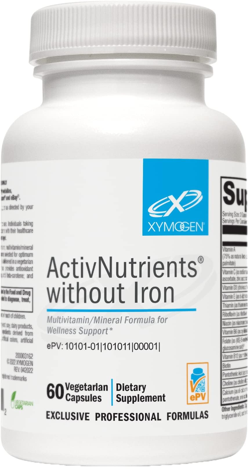 XYMOGEN ActivNutrients Without Iron bottle front view for daily wellness support.