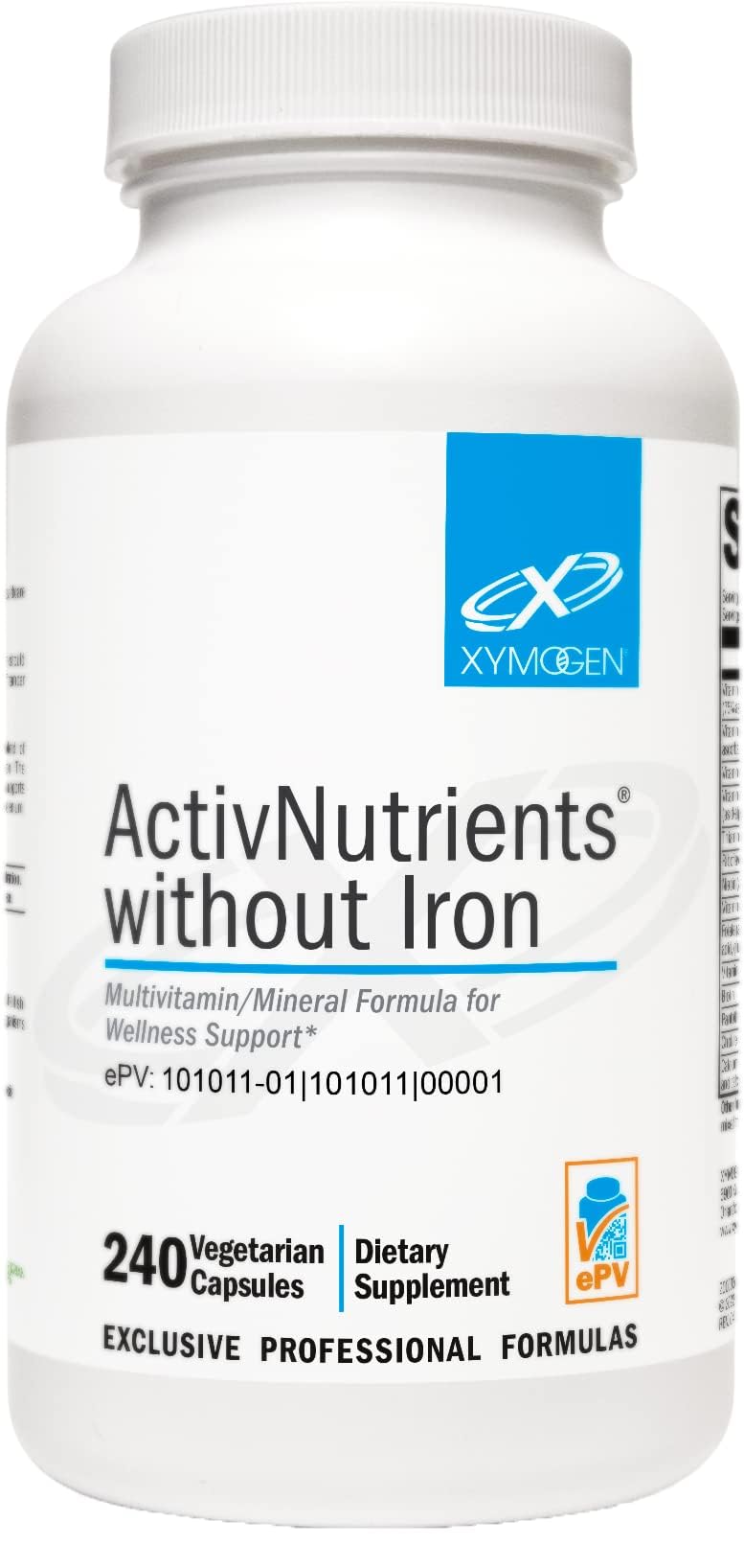 XYMOGEN ActivNutrients Without Iron bottle shows daily wellness support in a clean multivitamin blend.