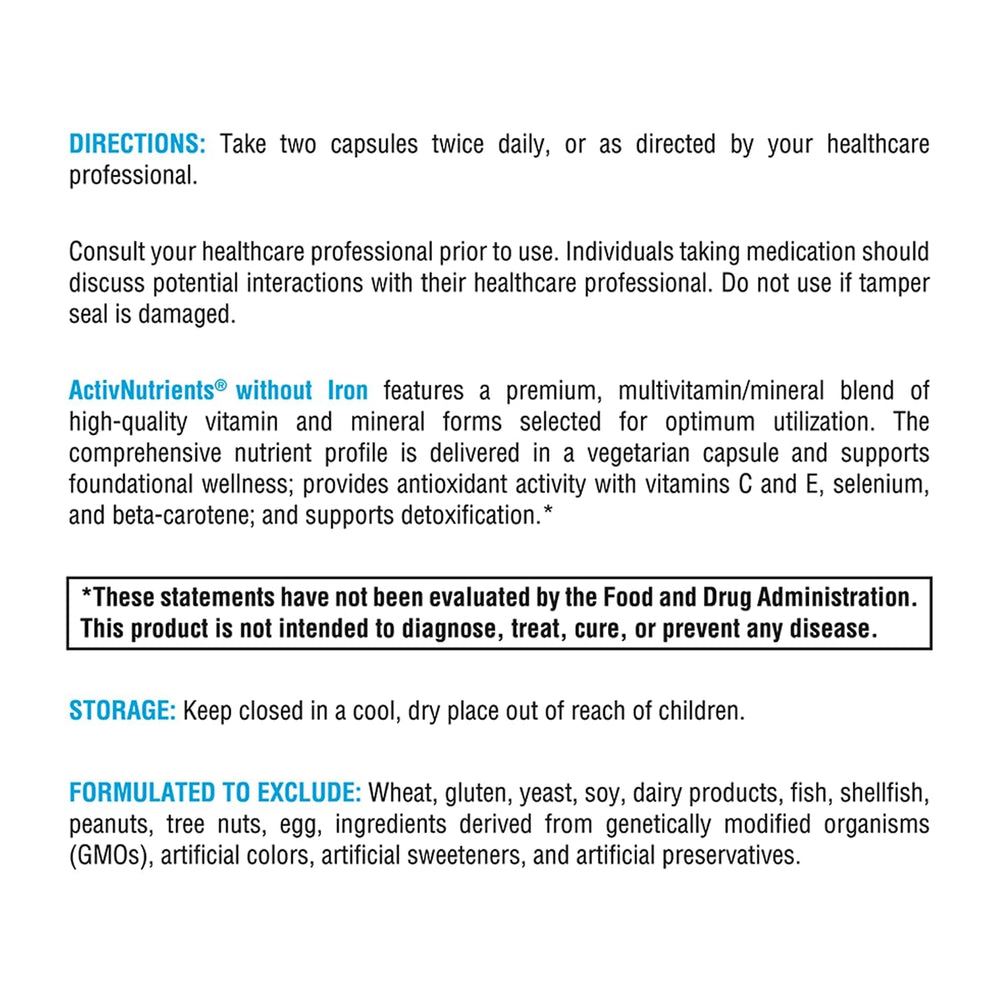 XYMOGEN ActivNutrients Without Iron capsules array emphasizes chelated minerals and folate B vitamins.