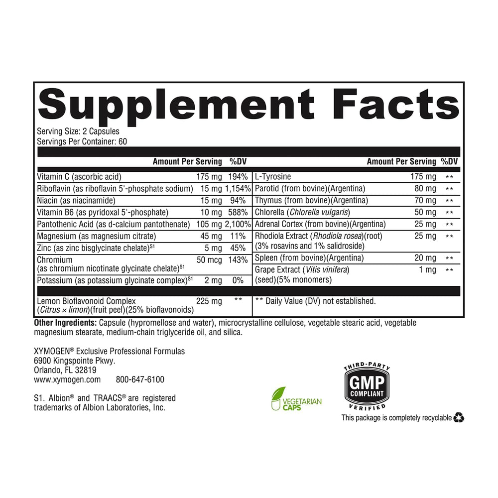 XYMOGEN Adrenal Manager ingredients panel with key vitamins.