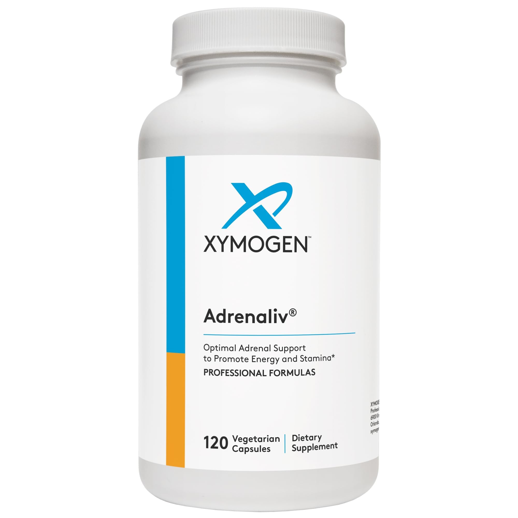 XYMOGEN Adrenaliv bottle label highlighting non-GMO, gluten-free ingredients.