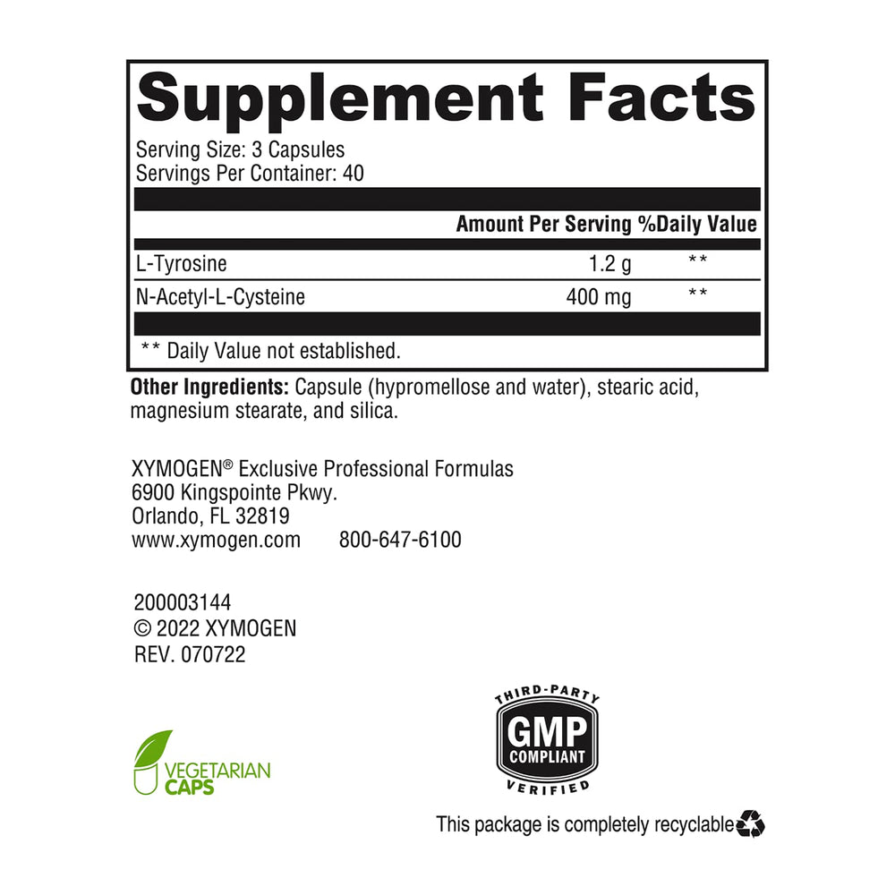 XYMOGEN AdrenaMax ingredients panel lists NAC and L-tyrosine