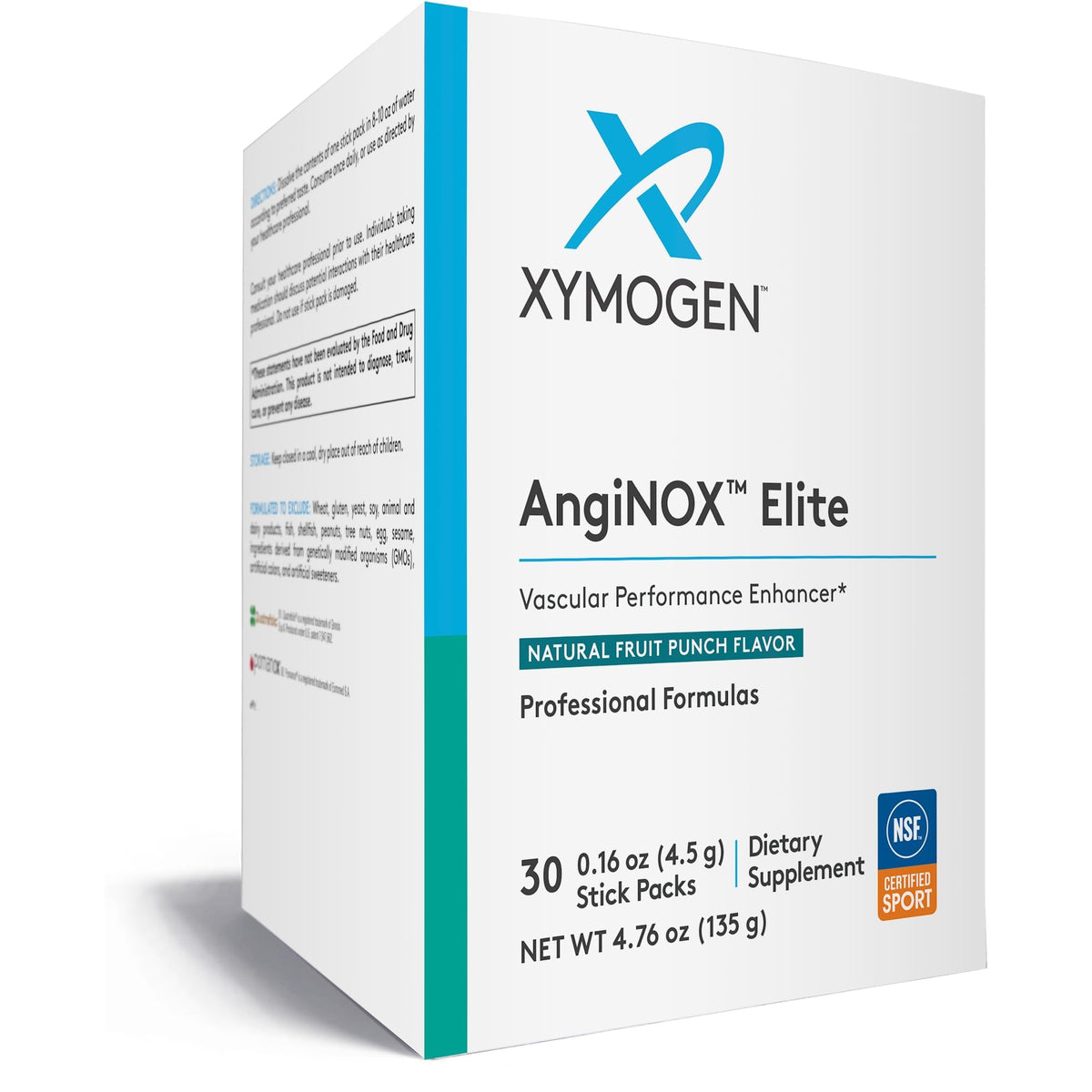XYMOGEN AngiNOX Elite Fruit Punch stick pack, ready to mix for boosted blood flow support.