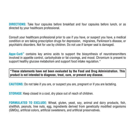 XYMOGEN Appe-Curb bottle back shows ingredient highlights for metabolism and mood.